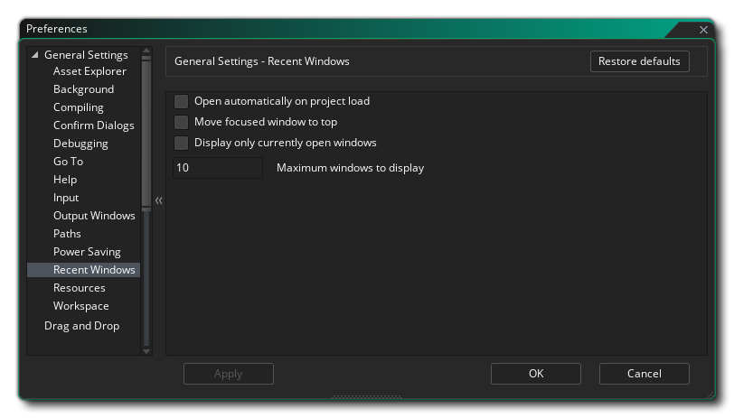 The Recent Windows Preferences