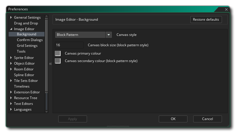 The Image Editor Background Preferences