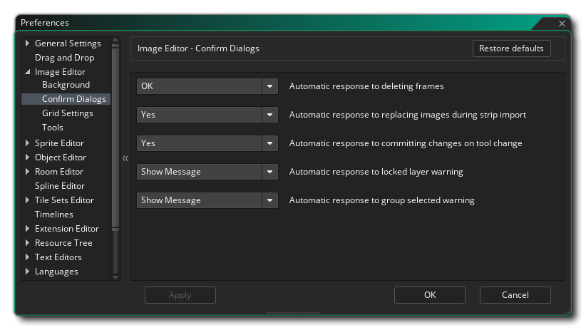 The Image Editor Confirm Preferences