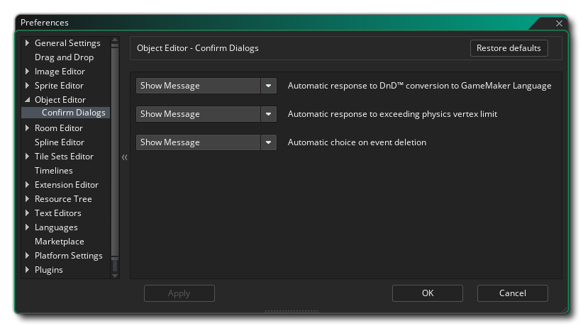 The Object Editor Confirm Dialog Preferences