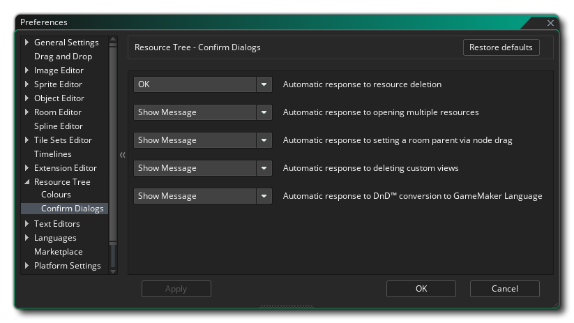 The Resource Tree Confirm Dialog Preferences