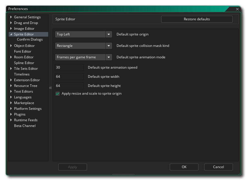 The Sprite Editor Preferences