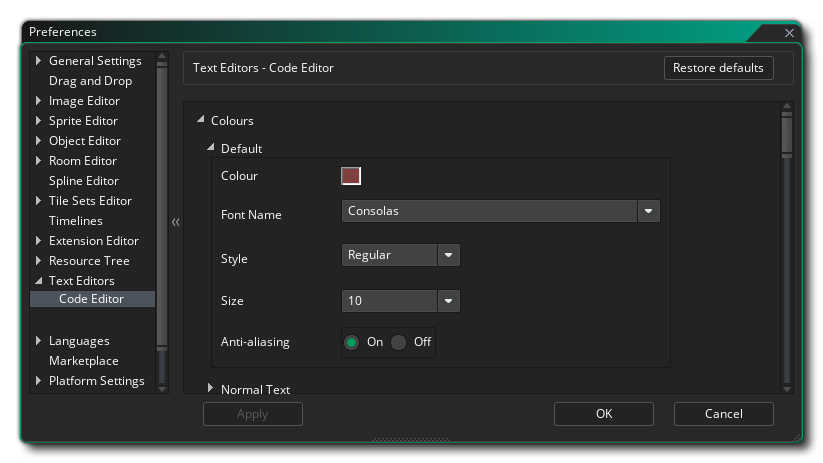 The Text Editor Colour Preferences